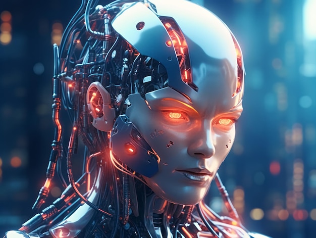 Closeup of female cyborg face robot manufacturing and artificial intelligence concept Generative AI