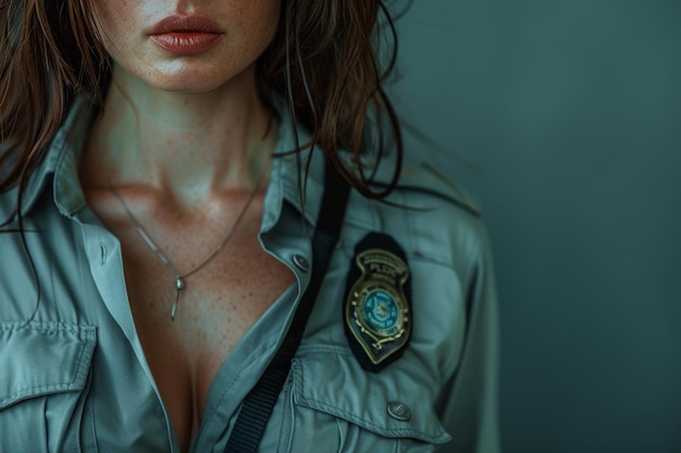 Closeup of a female detective in plain clothes showing badge with serious expression