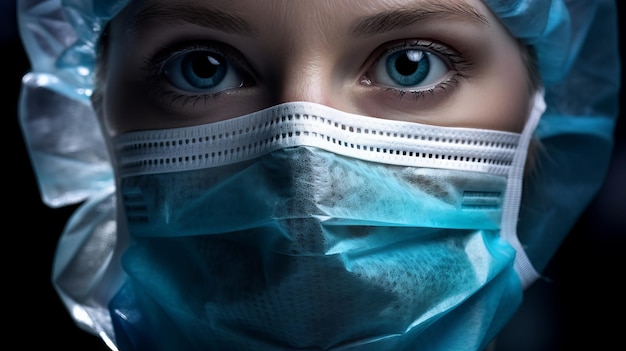 Closeup of a female doctor wearing a protective suit and mask in a polyclinic hospital The viral Pandemic of the concept Women39s blue eyes look at the camera with fear and horror