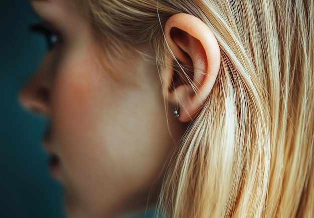 Photo closeup of female ear and blonde hair