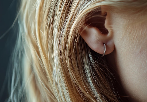 Photo closeup of female ear and blonde hair