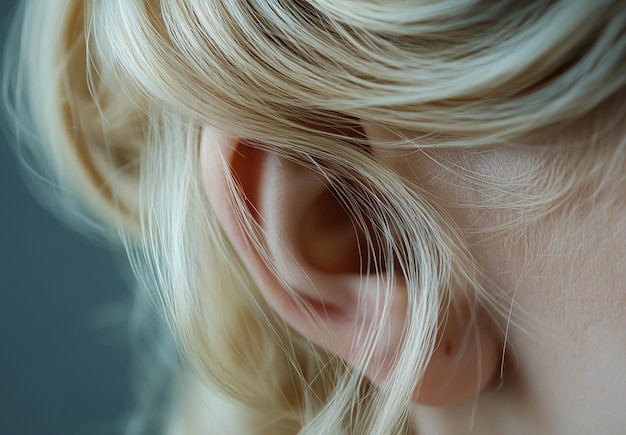 Photo closeup of female ear and blonde hair