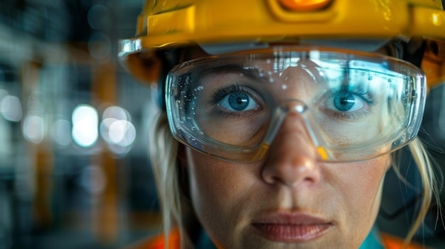 Closeup of a female engineer wearing safety helmet and goggles looking focused in an industrial environment