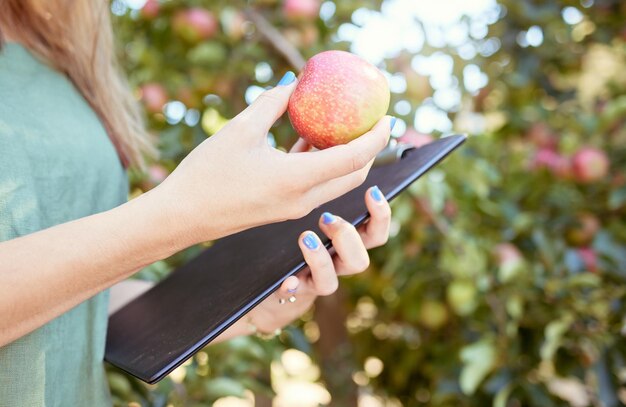 Photo closeup of female farm worker holding an apple and a notepad on a fruit farm during harvest season caucasian female farmer between apple trees on a sunny day