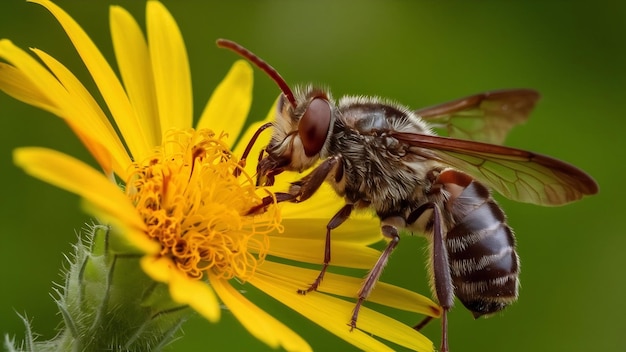 Closeup of a female halictus scabiosae collecting pollen from a yellow flower