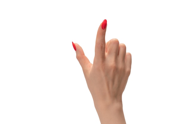 Closeup of female hand with pale skin and red nails pointing or touching isolated on white background