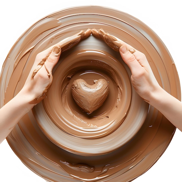 Photo closeup of female hands making the shape of a heart from a bowl on a potter wheel isolated on