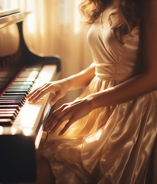 Closeup of a female hands playing the piano Blurred background