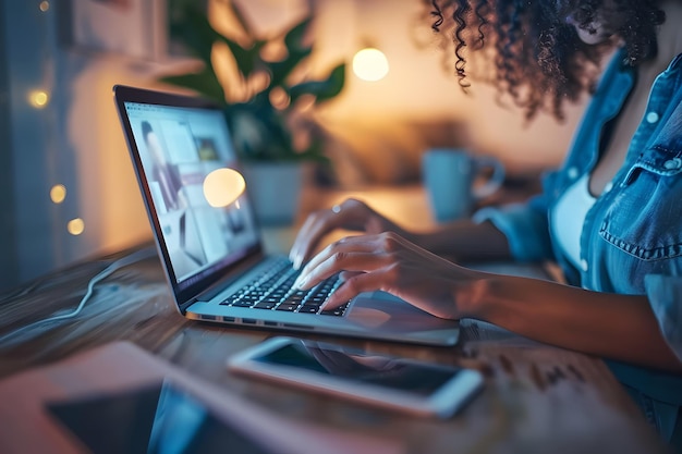 Closeup of female hands typing on laptop keyboard Businesswoman working in office