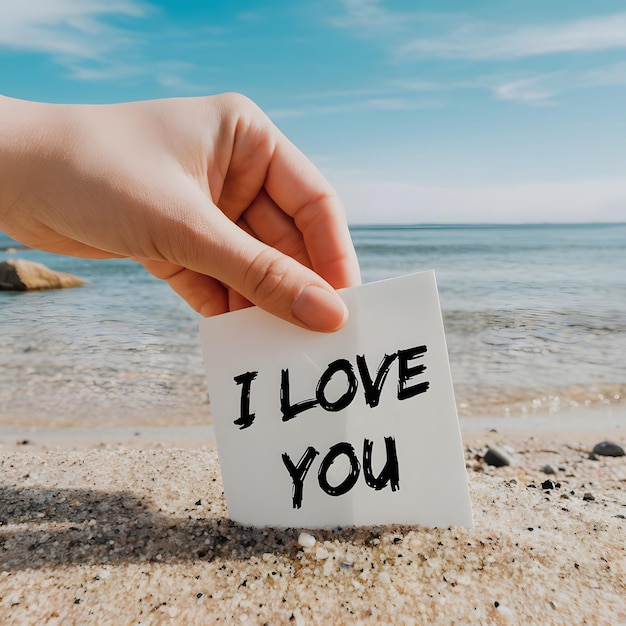 Photo closeup female holding a white paper with text i love you