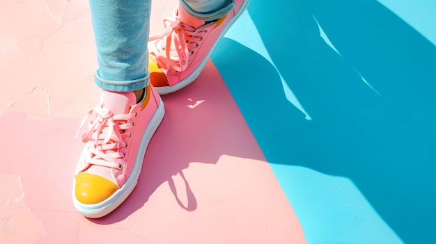 Photo closeup of female legs in light blue jeans and pink sneakers with yellow accents standing on a pink and blue background