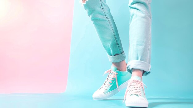 Photo closeup of female legs in light jeans and bright sneakers standing on a pastel blue and pink background conveying a fashionforward and sporty vibe