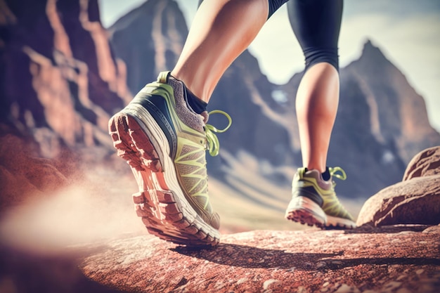 Closeup of female legs with lightweight hiking shoes on a rocks in mountains AI generative