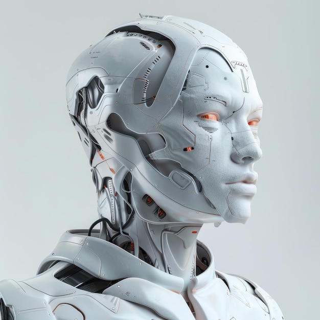 Closeup of a female robot isolated on a white background