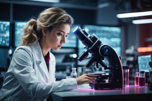 Closeup of a female scientist assistant doctor wearing a white coat conducts research studies microorganisms analyzes substances under a microscope in a modern medical laboratory hospital