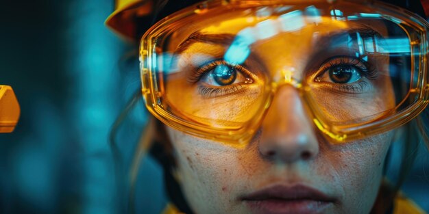 Closeup of a female worker wearing orange protective goggles emphasizing workplace safety and protection