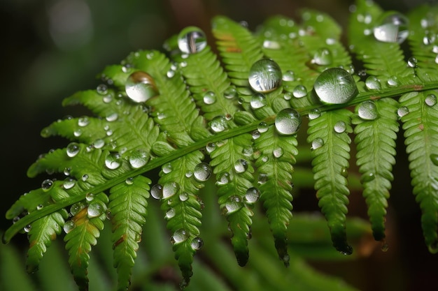 Closeup of fern fronds with dewy droplets