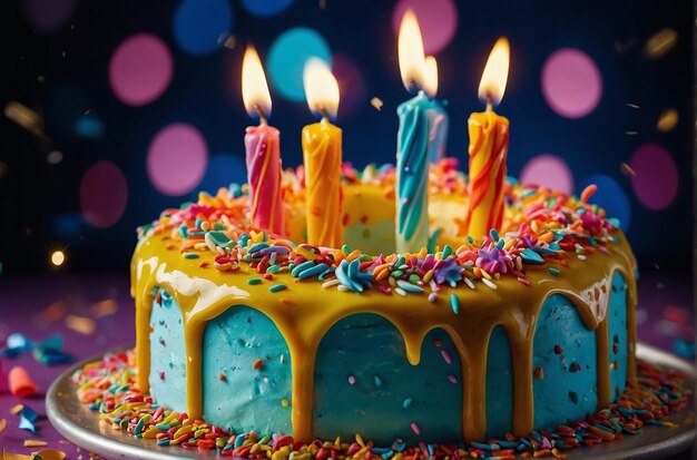 Closeup of a festive birthday cake with vibrant sprinkles and candles ablaze