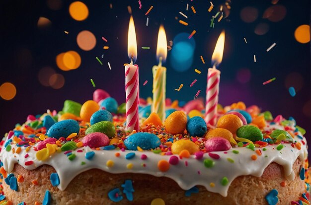 Closeup of a festive birthday cake with vibrant sprinkles and candles ablaze