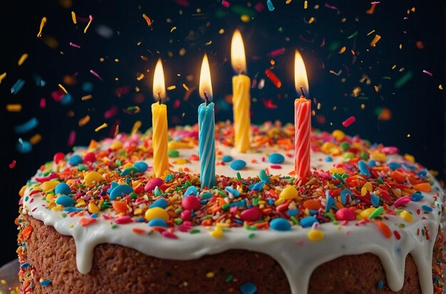 Closeup of a festive birthday cake with vibrant sprinkles and candles ablaze