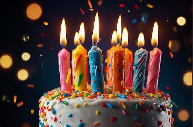 Closeup of a festive birthday cake with vibrant sprinkles and candles ablaze