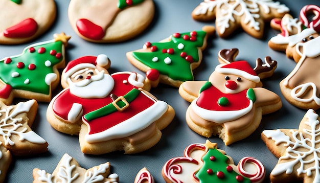 Photo closeup of festive sugar cookies in the shape of santa claus and his reindeer