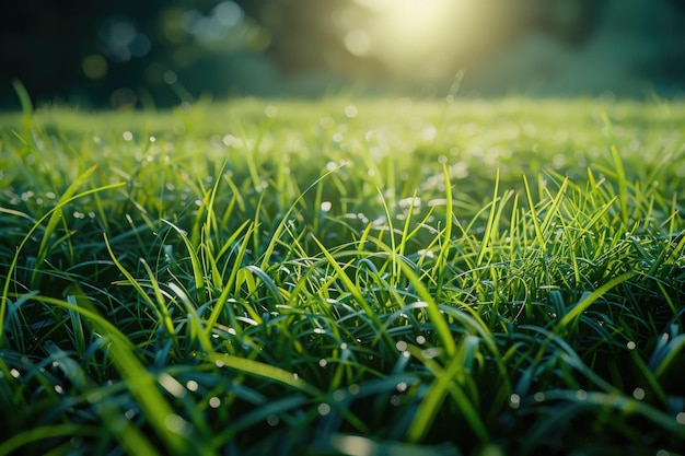 Closeup of a field of grass with water droplets glistening on the blades ideal for use in illustrations about nature or environmental topics