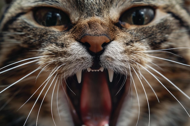 Closeup of a fierce tabby cat hissing