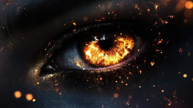 Photo closeup of fiery eye with dramatic sparks