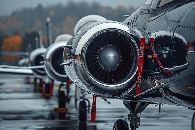 Photo closeup of a fighter jet engine in the parking lot