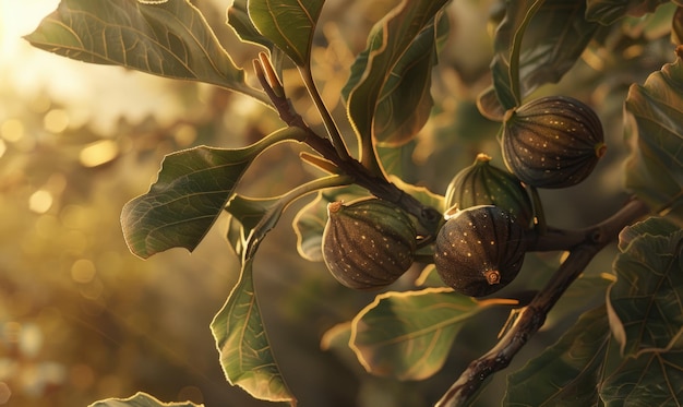 Photo closeup of figs hanging from a branch