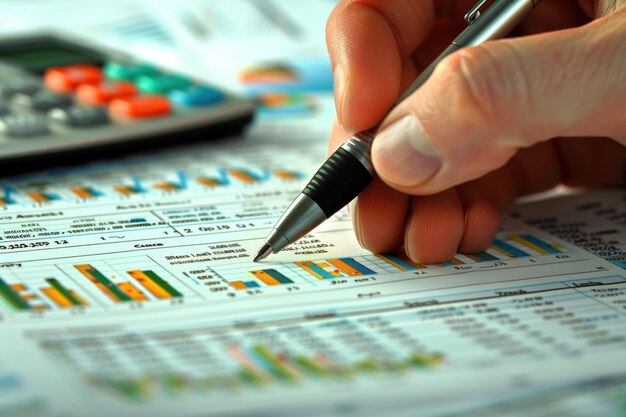 Photo closeup of a financial analysis with pen and calculator