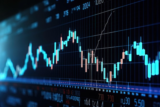 Closeup Financial Chart with Uptrend Line Candlestick Graph in Stock Market