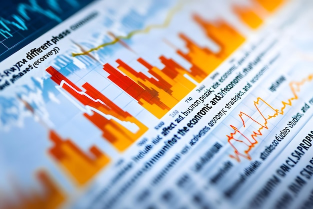 Photo closeup of financial charts and data with text highlighting economic activity