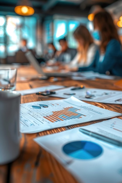 Closeup of financial charts and graphs on a wooden table during a business meeting in a modern office setting