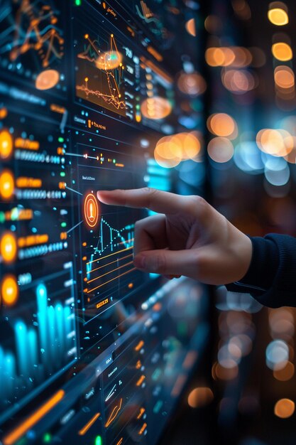 Photo a closeup of a finger touching a digital screen displaying dynamic data analytics with a backdrop of illuminated city lights