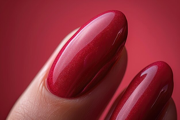 Photo closeup of a fingernail painted with shiny red nail polish