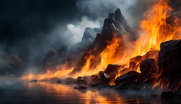 Closeup of fire flames with smoke on black background Intense blaze