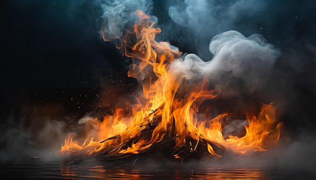 Closeup of fire flames with smoke on black background Intense blaze