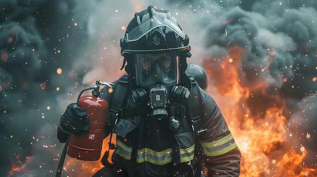 Closeup of a firefighter in full gear holding a red fire extinguisher amidst billowing smoke