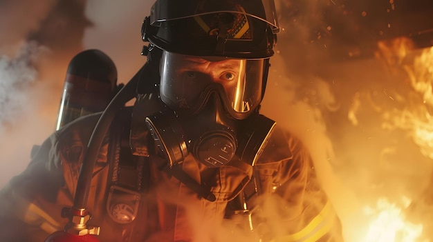 Closeup of a firefighter in full gear holding a red fire extinguisher amidst billowing smoke