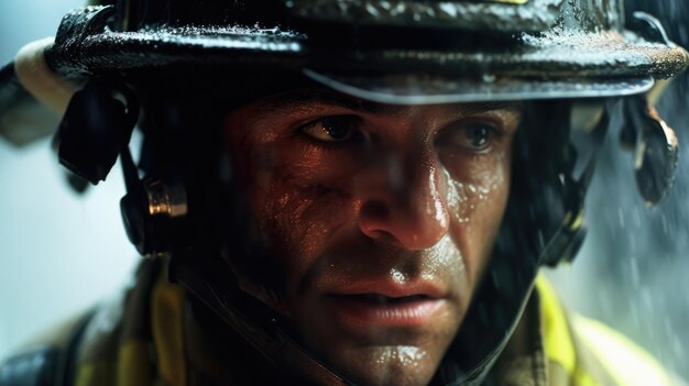 Closeup of a firefighter's tired and worried face during a fire