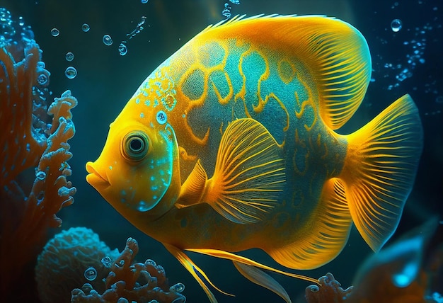 Closeup of a fish in an aquarium in blue and yellow Generative AI