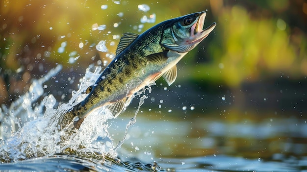 closeup fish jumps out of the lake Fishing concept recreation in nature near the lake