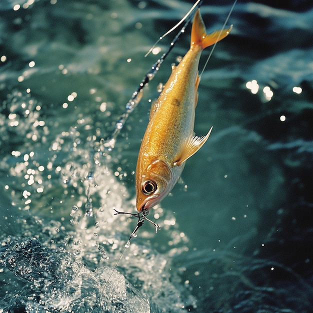 Photo a closeup of a fishing line with a fish hook in action during a catch4