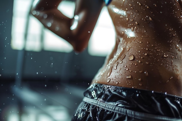 CloseUp of Fit Womans Waist During HighIntensity Workout in Gym with Sweat Droplets Focusing on Toned Muscles