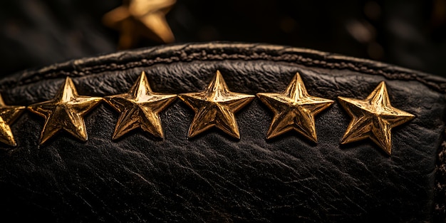 Closeup of five gold stars on black leather