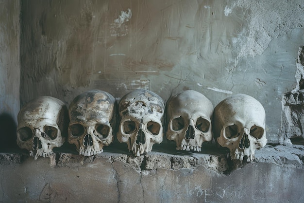 Photo a closeup of five human skulls arranged on an old stone ledge under subdued light within a weathered ancient room with a mysterious aura