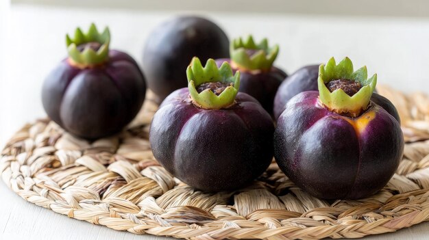 Closeup of Five Purple Fruits with Green Tops on a Wicker Mat