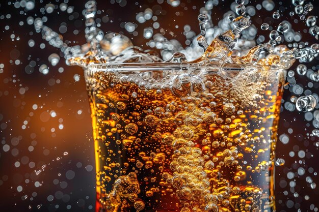 Photo closeup of fizzy brown liquid with bubbles and bokeh